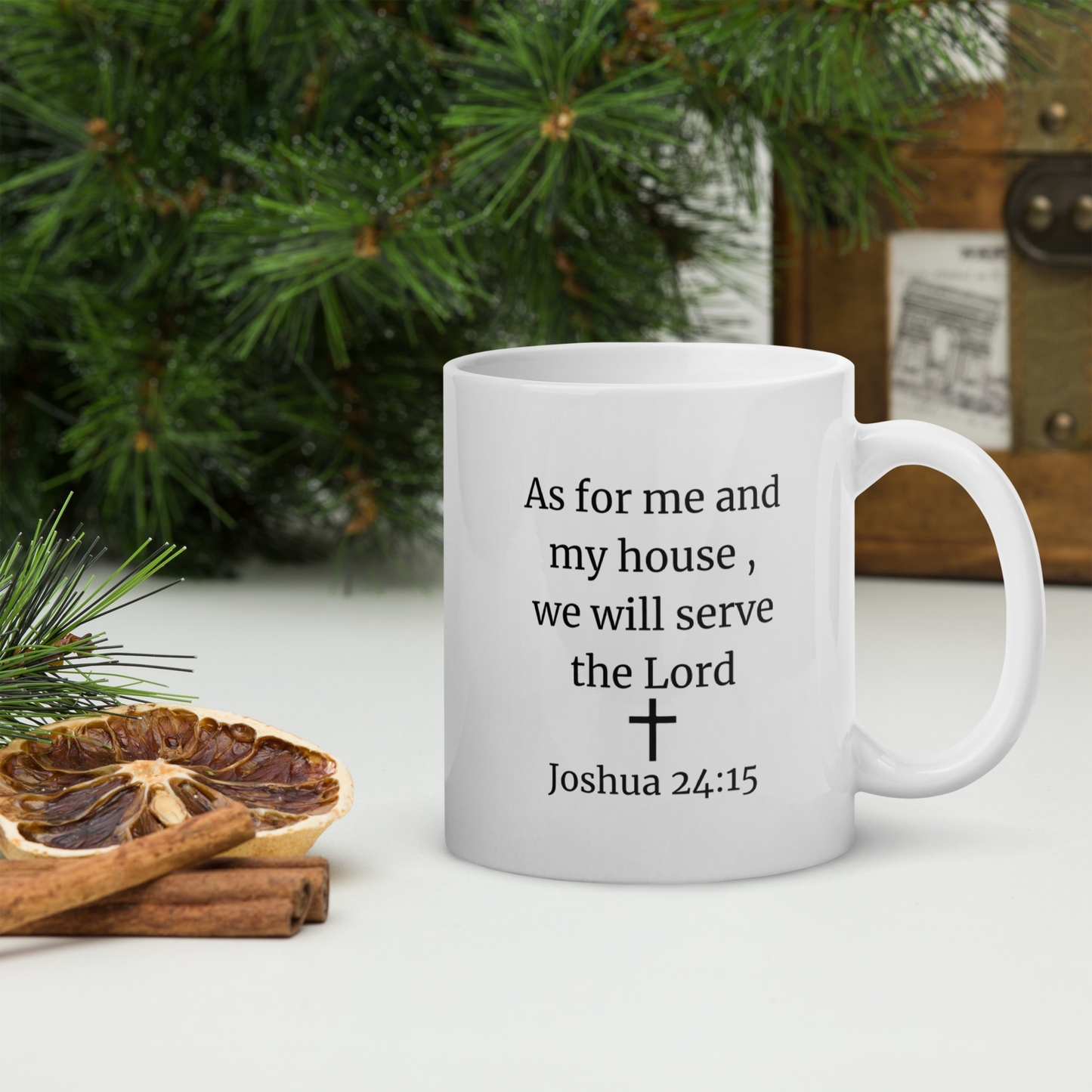 Always Faithful Always Yours Christian mug – Christmas setting showing back with Joshua 24:15
