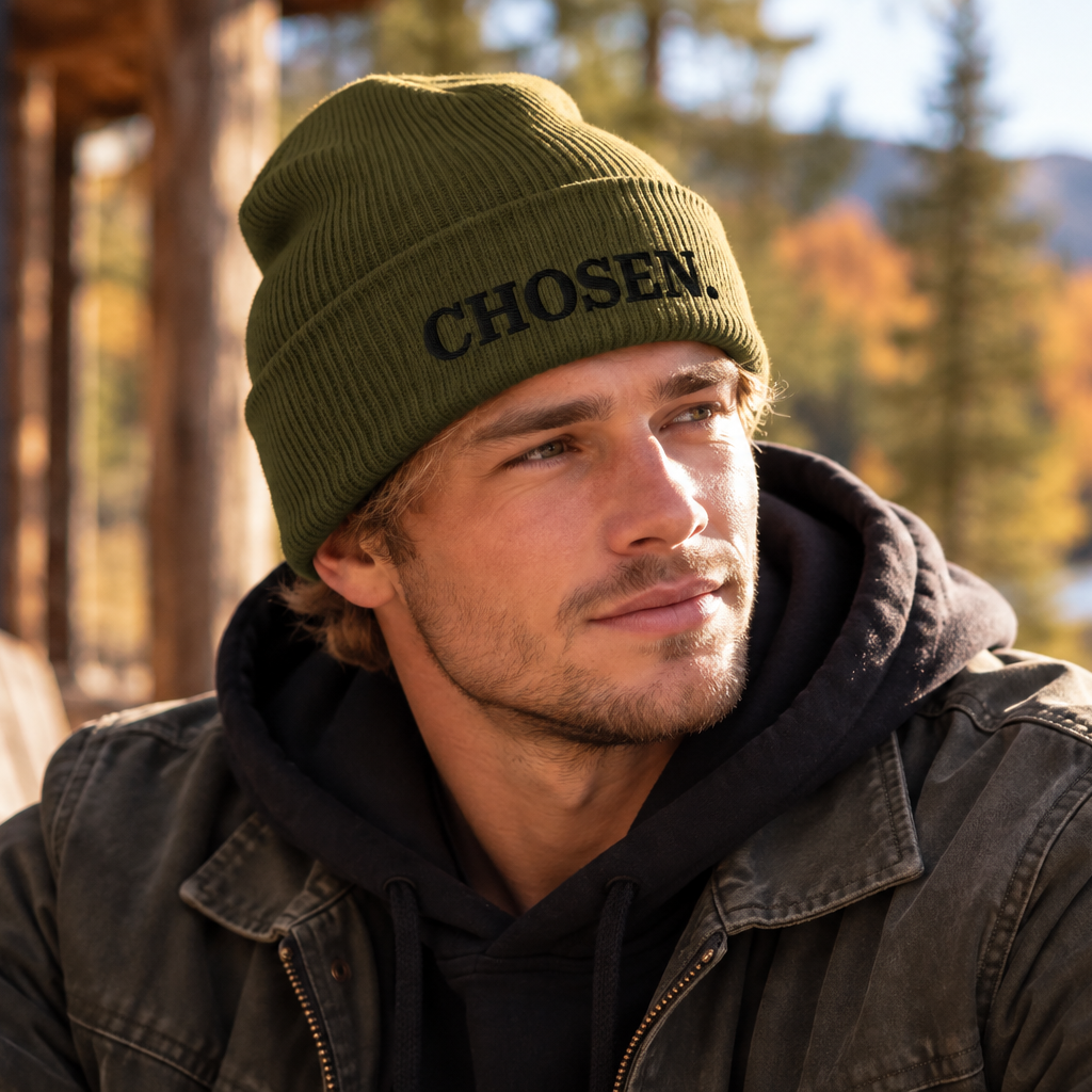 Man wearing olive Chosen beanie with black embroidery in a fall setting