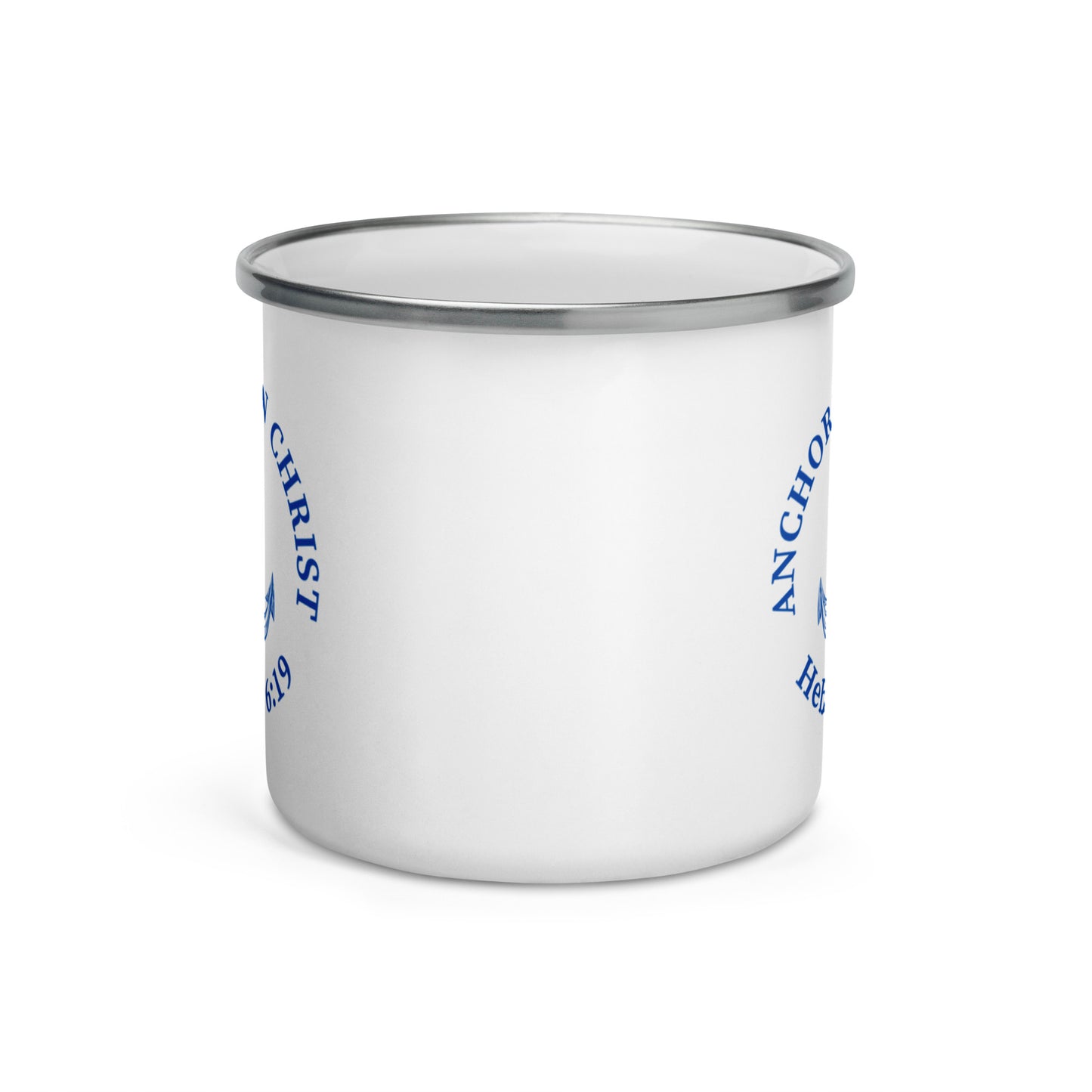 Front-facing view of Anchored in Christ enamel mug with handle at the back, clearly showing anchor graphic and Hebrews 6:19 on both sides