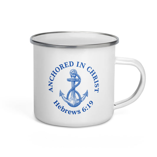 Side view of white enamel Christian mug with handle on the right, showing the Anchored in Christ design with anchor and Hebrews 6:19