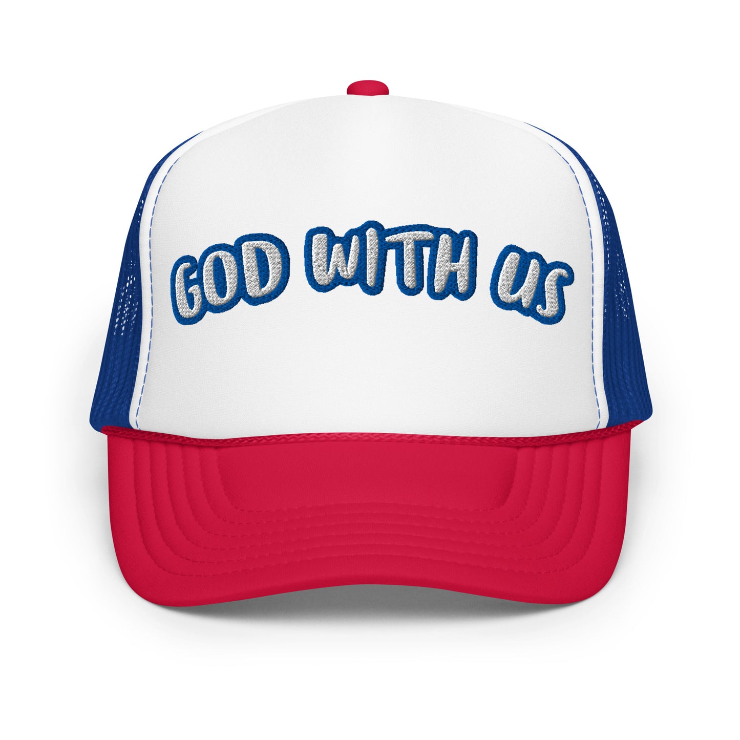 Front view of red, white, and blue Christian foam trucker hat with bold white “God With Us” embroidery outlined in blue on the foam crown
