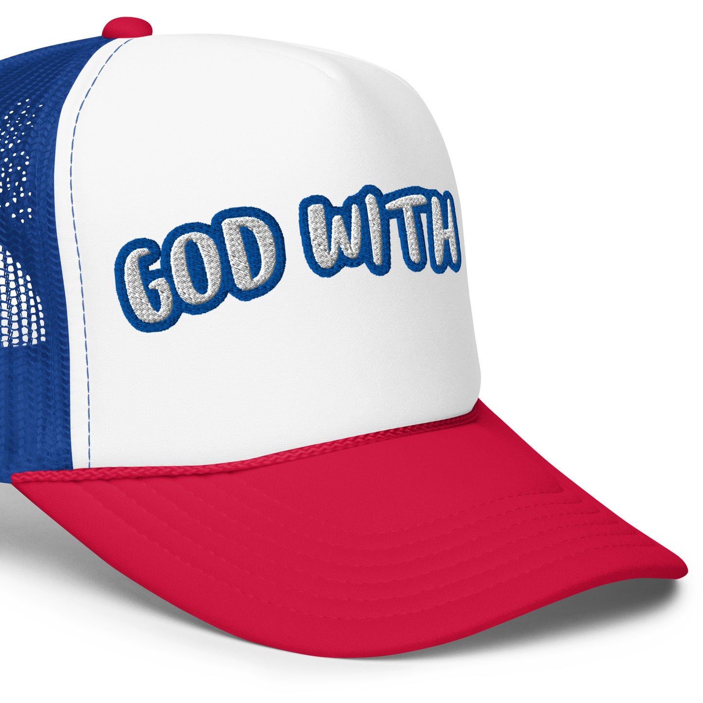 Right-side angled view of red, white, and blue Christian foam trucker hat with bold “God With Us” embroidery on the front panel