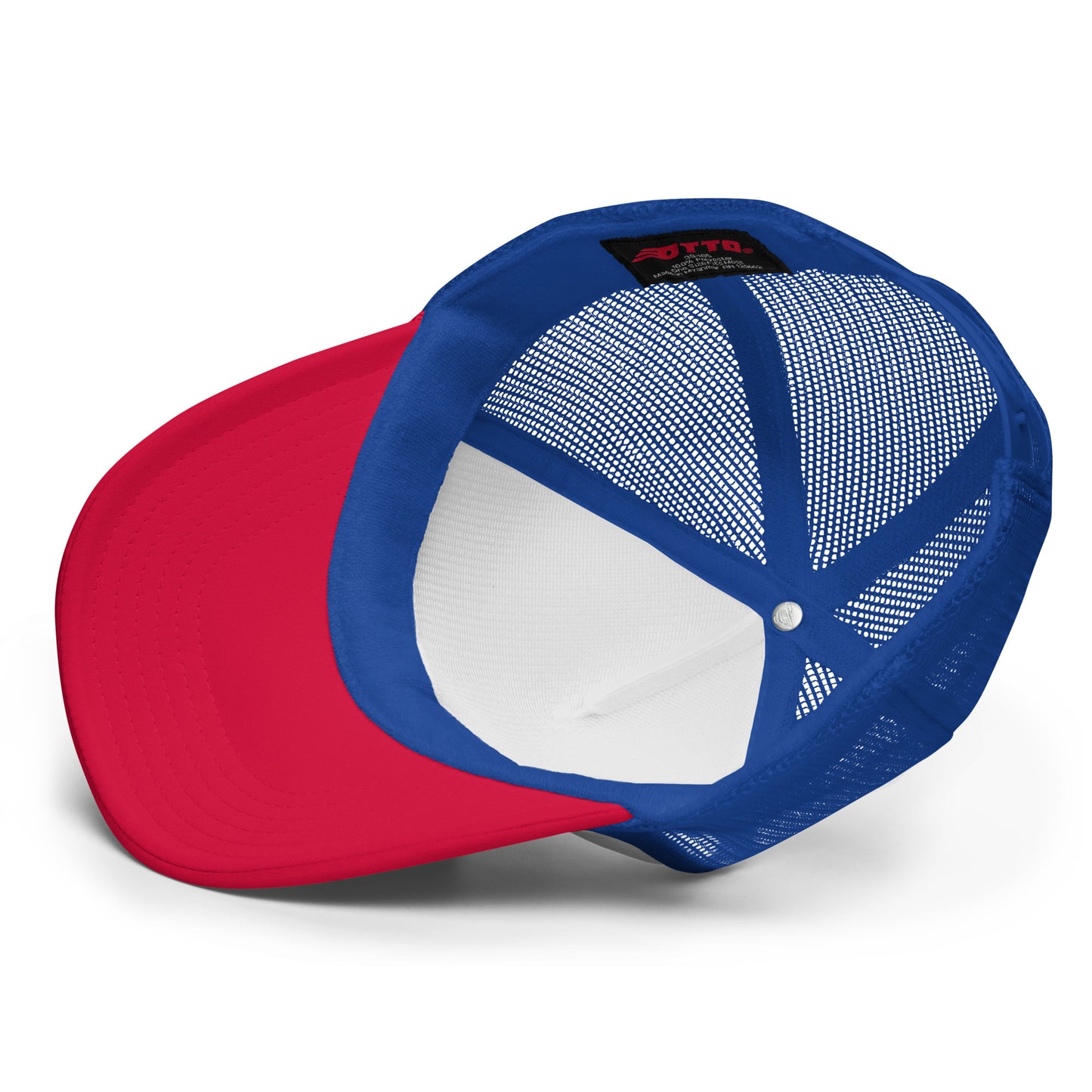 Inside view of foam trucker hat showing stitching, inner lining, and structure behind embroidered front panel