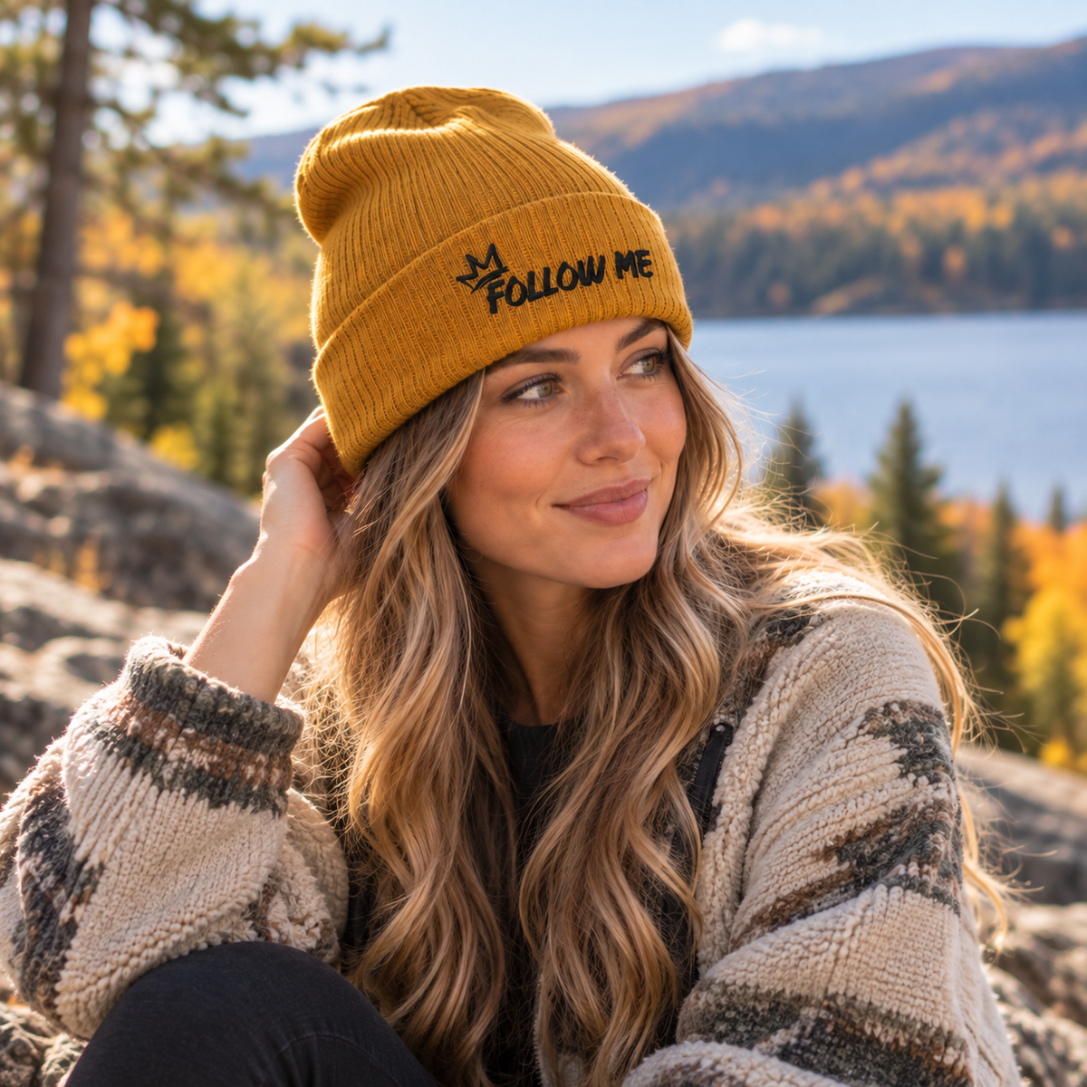 Woman wearing the mustard Follow Me beanie with black crown embroidery in the nature