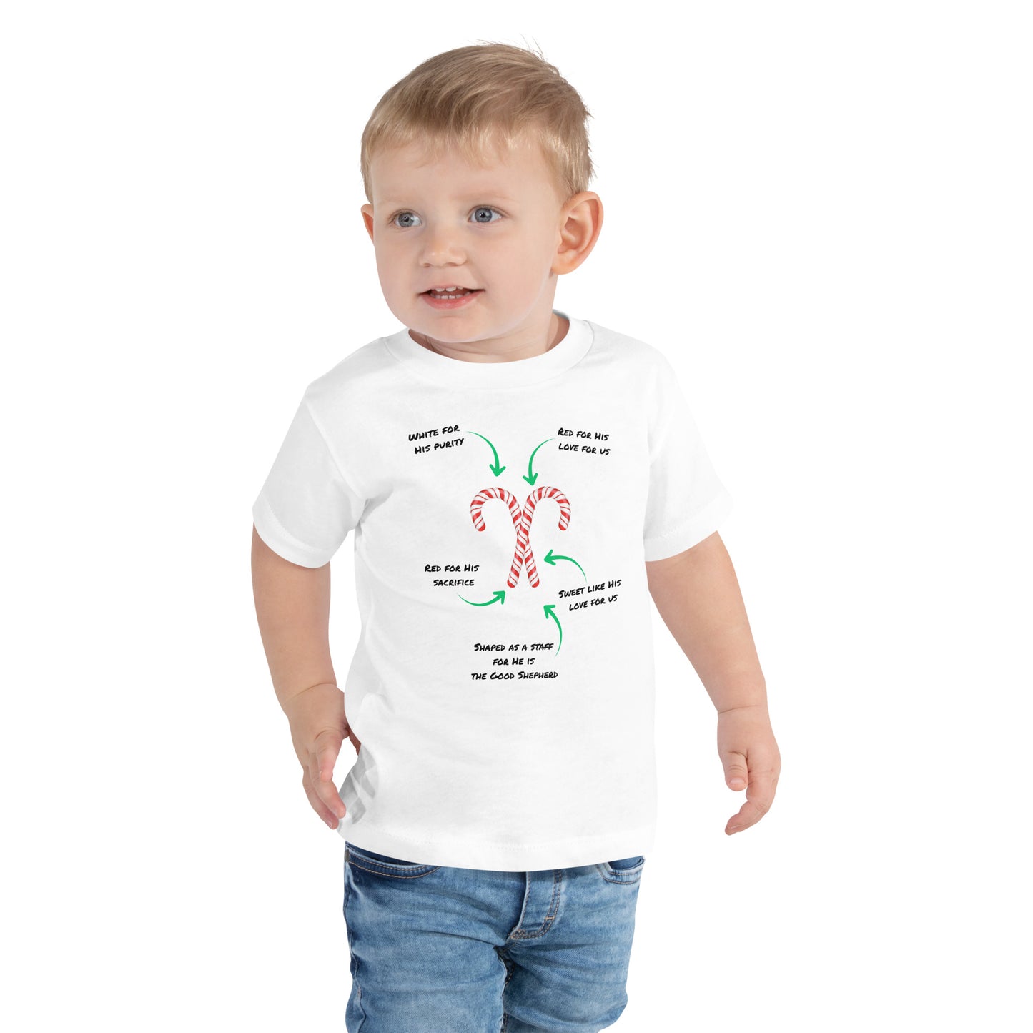 Toddler wearing Candy Cane Tee with two crossed candy canes– Christian Christmas shirt by Always Faithful.