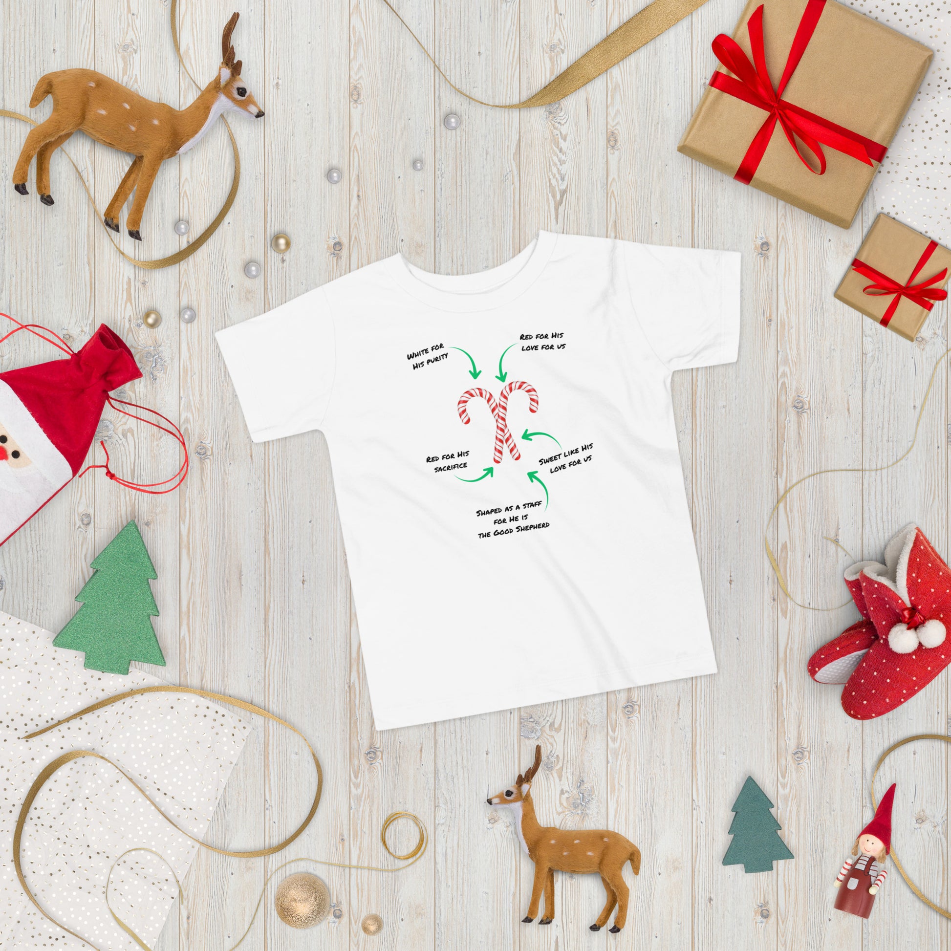 Toddler Candy Cane Tee with two crossed candy canes – Christian Christmas shirt by Always Faithful.
Christmas background