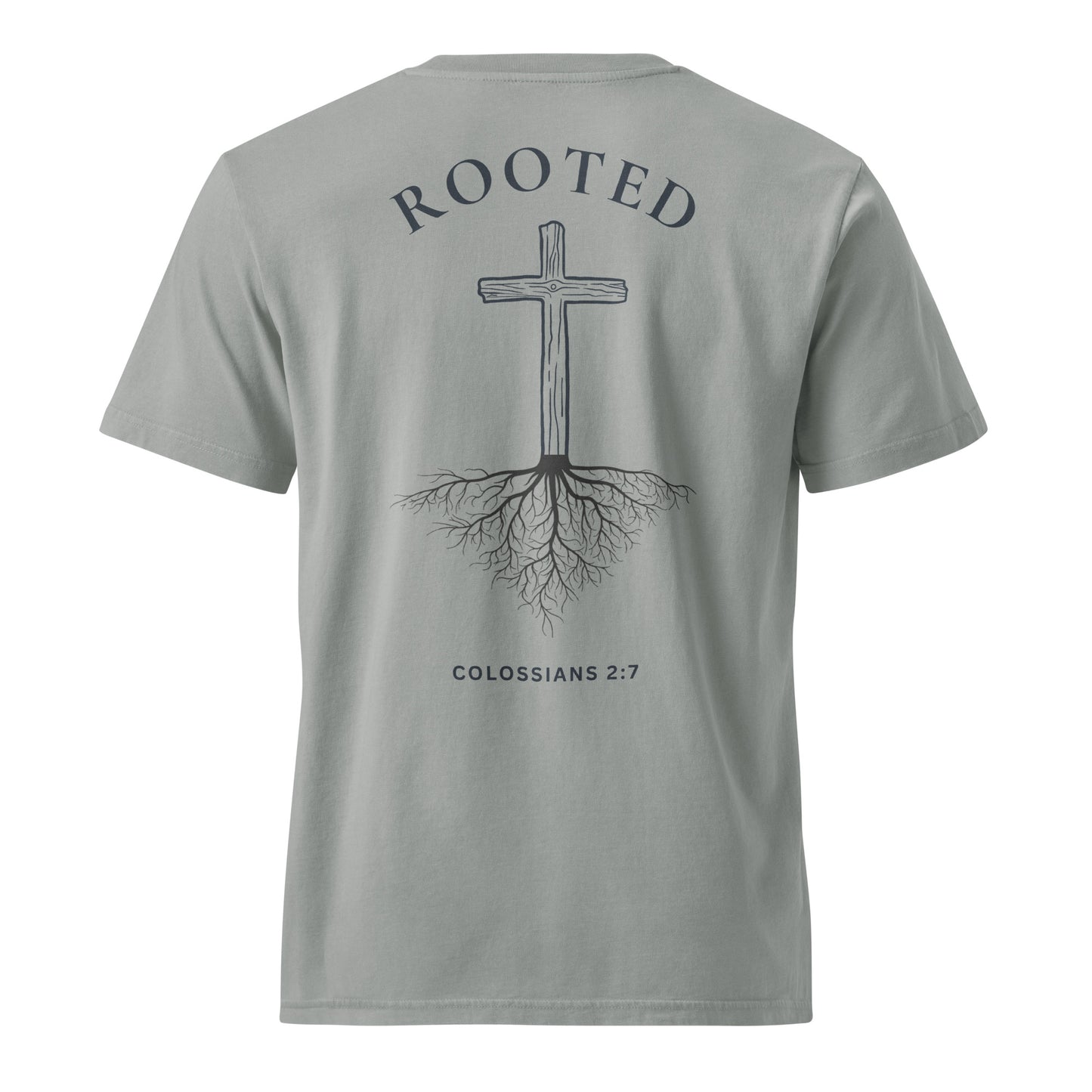 Back view of the Rooted in Christ Christian t-shirt in Misty Grey featuring a large cross with tree roots graphic and Colossians 2:7 printed below.
