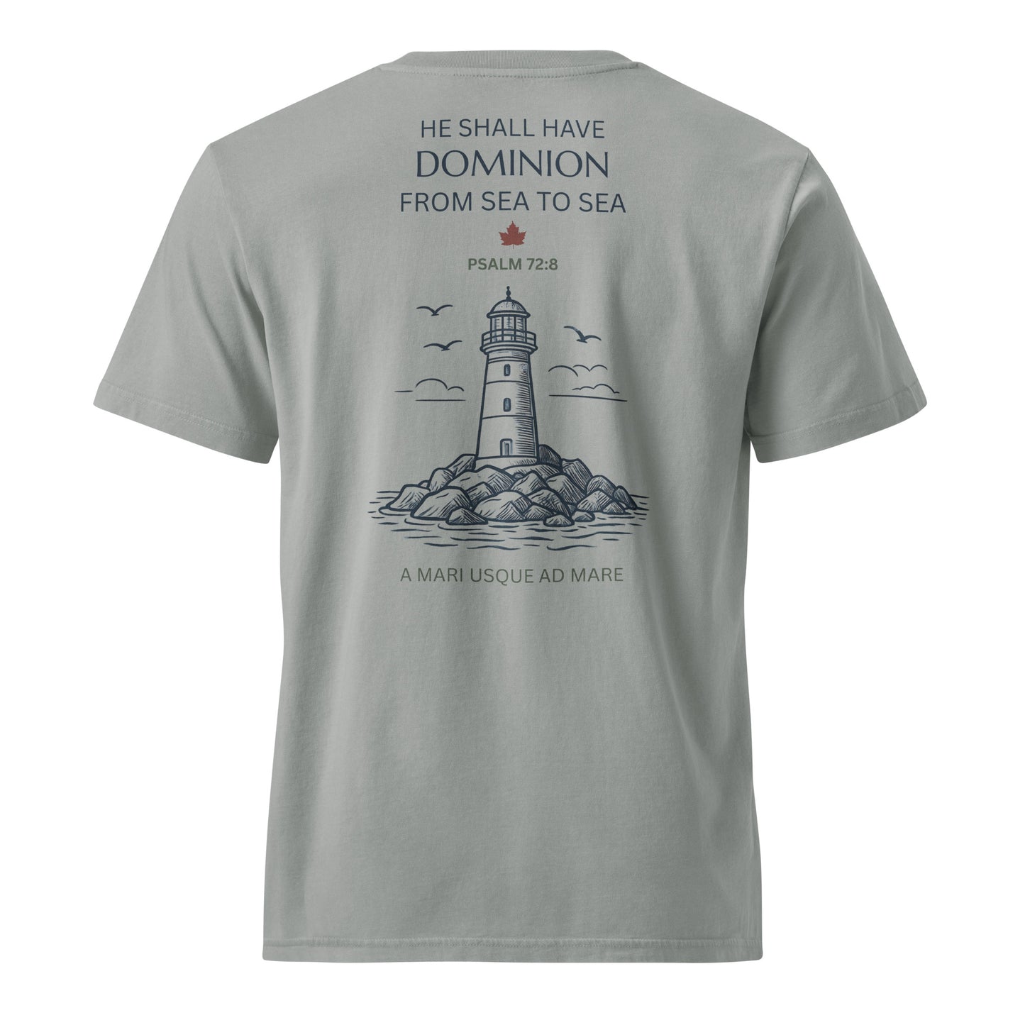 Back view of the Canada Tee in Misty Grey featuring Psalm 72:8, a lighthouse graphic, and the words From Sea to Sea.