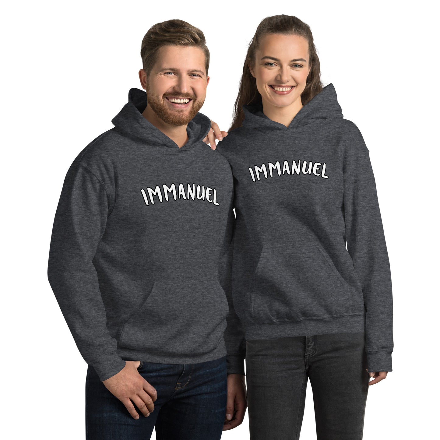 Couple wearing matching gray Immanuel hoodies, both showing the front design that reads “Immanuel” in white with black outline.