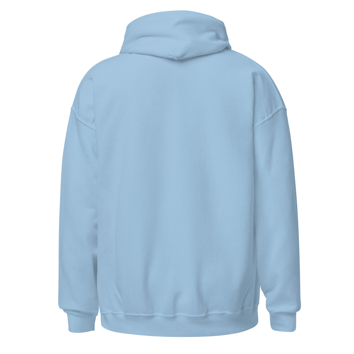 Back view of plain light blue hoodie with no design, showing hood and relaxed fit