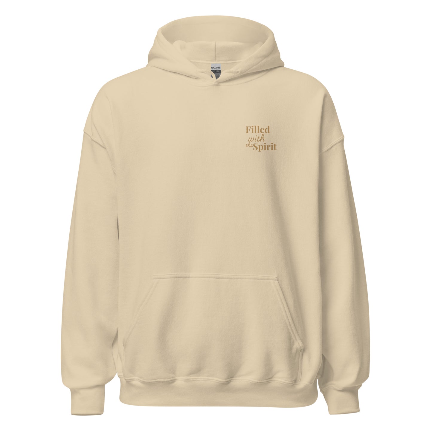 Sand hoodie front view showing “Filled with the Spirit” text on left chest.
