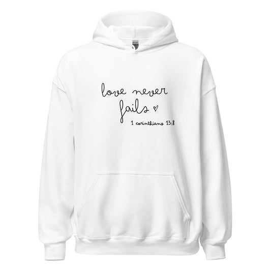 Love never fails – 1 Corinthians 13:8 Hoodie
