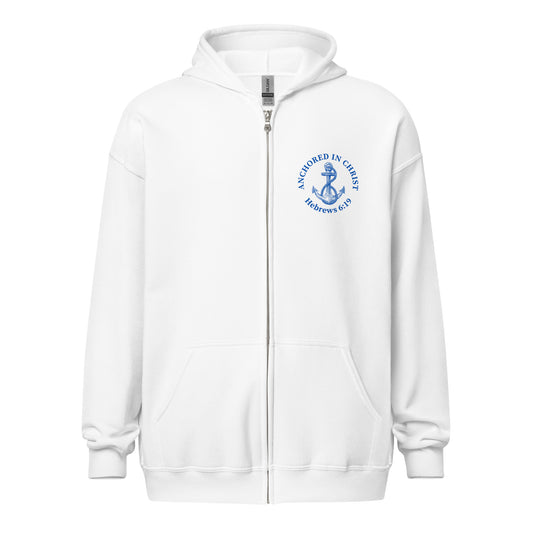 Front view of the white full zip hoodie featuring a small anchor graphic and "Anchored in Christ – Hebrews 6:19" on the left chest.