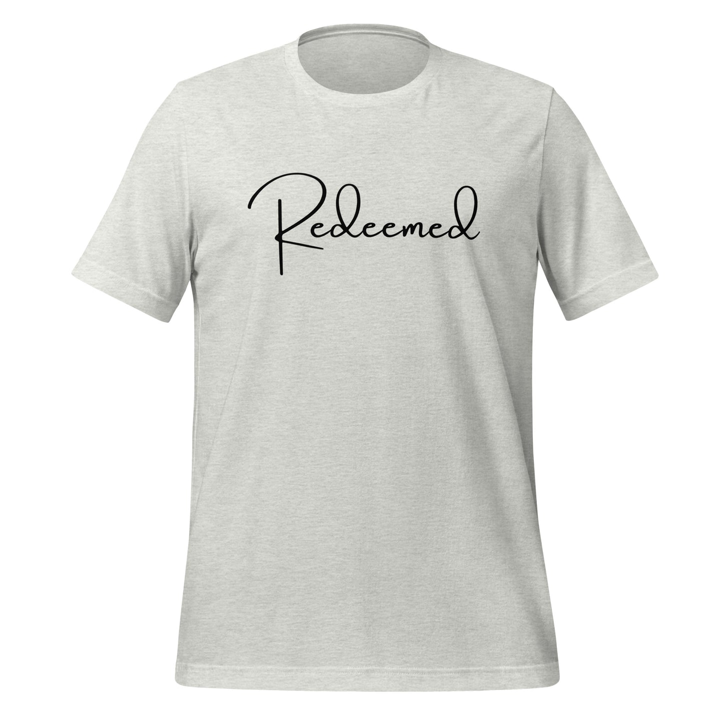 Front view of Redeemed T-shirt in ash gray featuring black embroidered-style lettering and scripture reference.