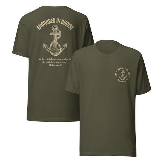 Front and back views of Anchored in Christ Field Edition shirt in military green with creamy tan print
