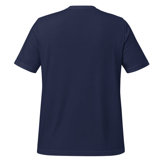 Back view of plain navy blue t-shirt showing unprinted fabric and unisex fit