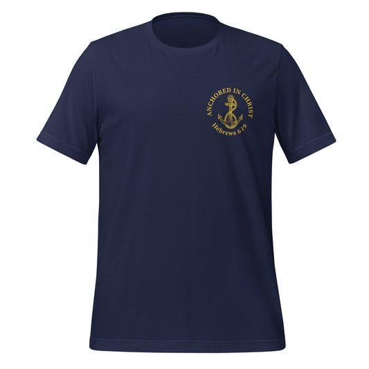 Front view of the Anchored in Christ – Deep Waters Edition tee, navy shirt with yellow text.
