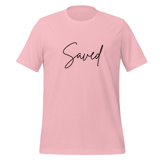 Front view of pink Christian t-shirt with “Saved” printed in elegant black script across the chest
