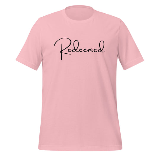 Front view of the Redeemed Tee in pink, flat lay on a white background