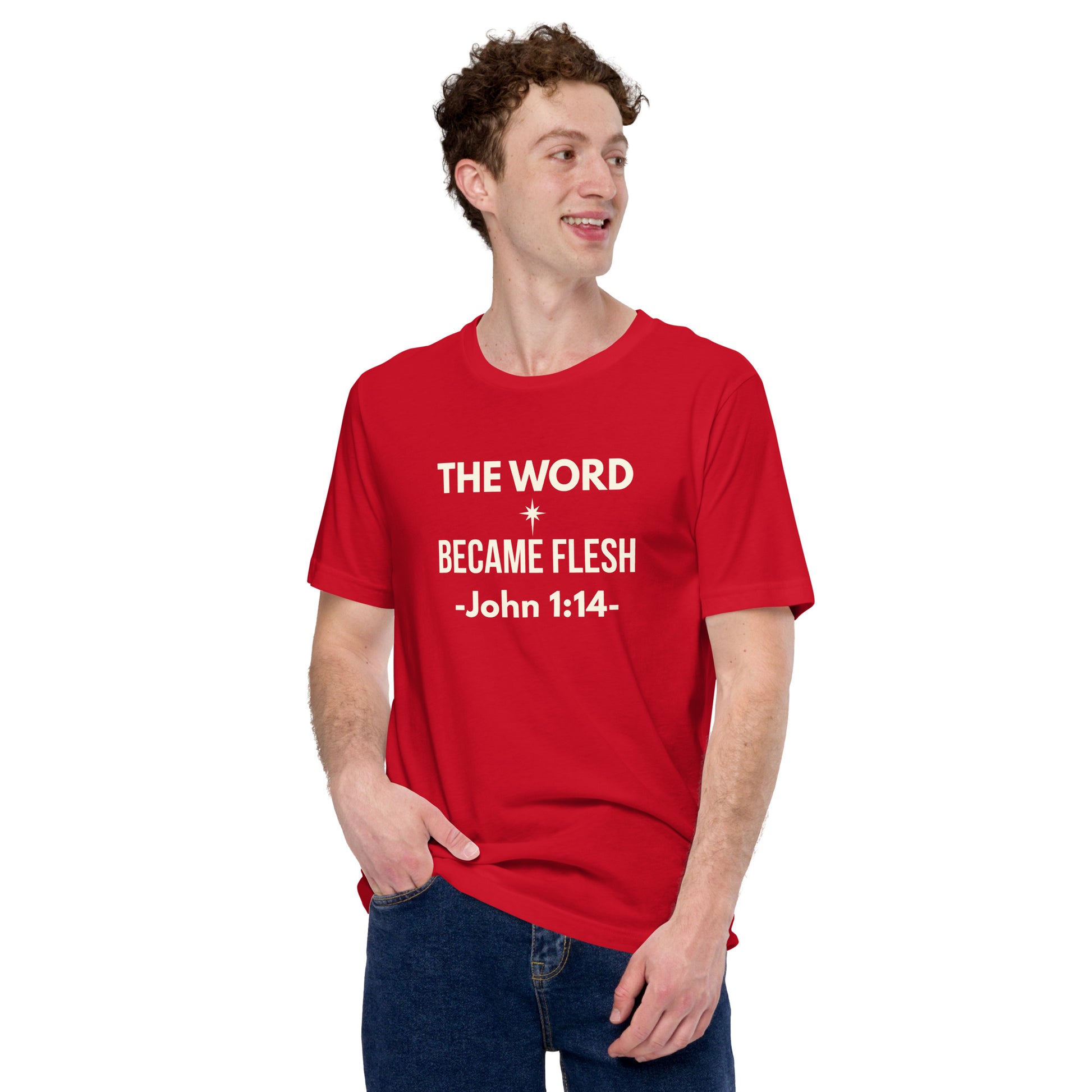 man in jeans lifestyle photo wearing red Christian Christmas tee