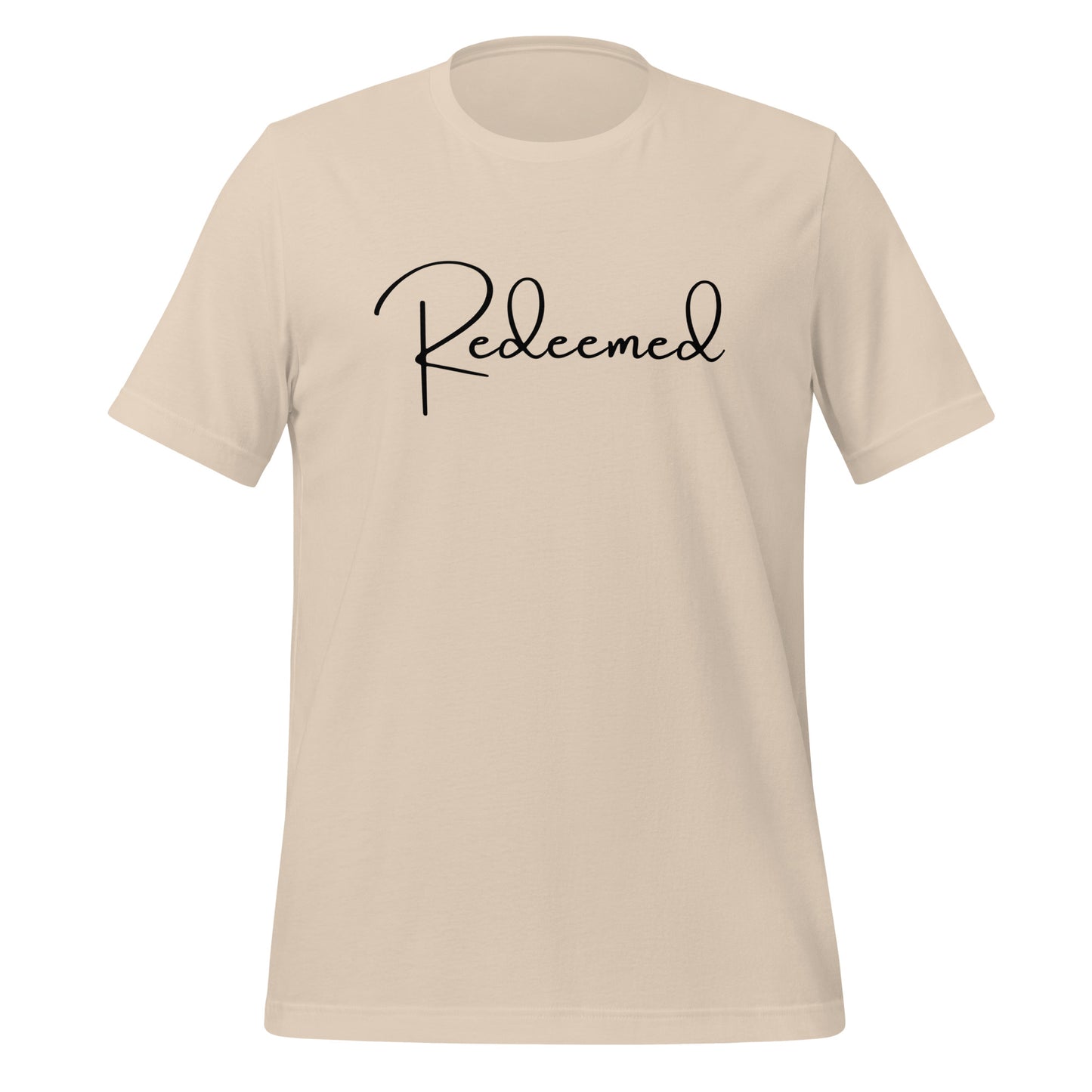 Front view of Redeemed T-shirt in soft cream with bold black script and supporting Bible verse.