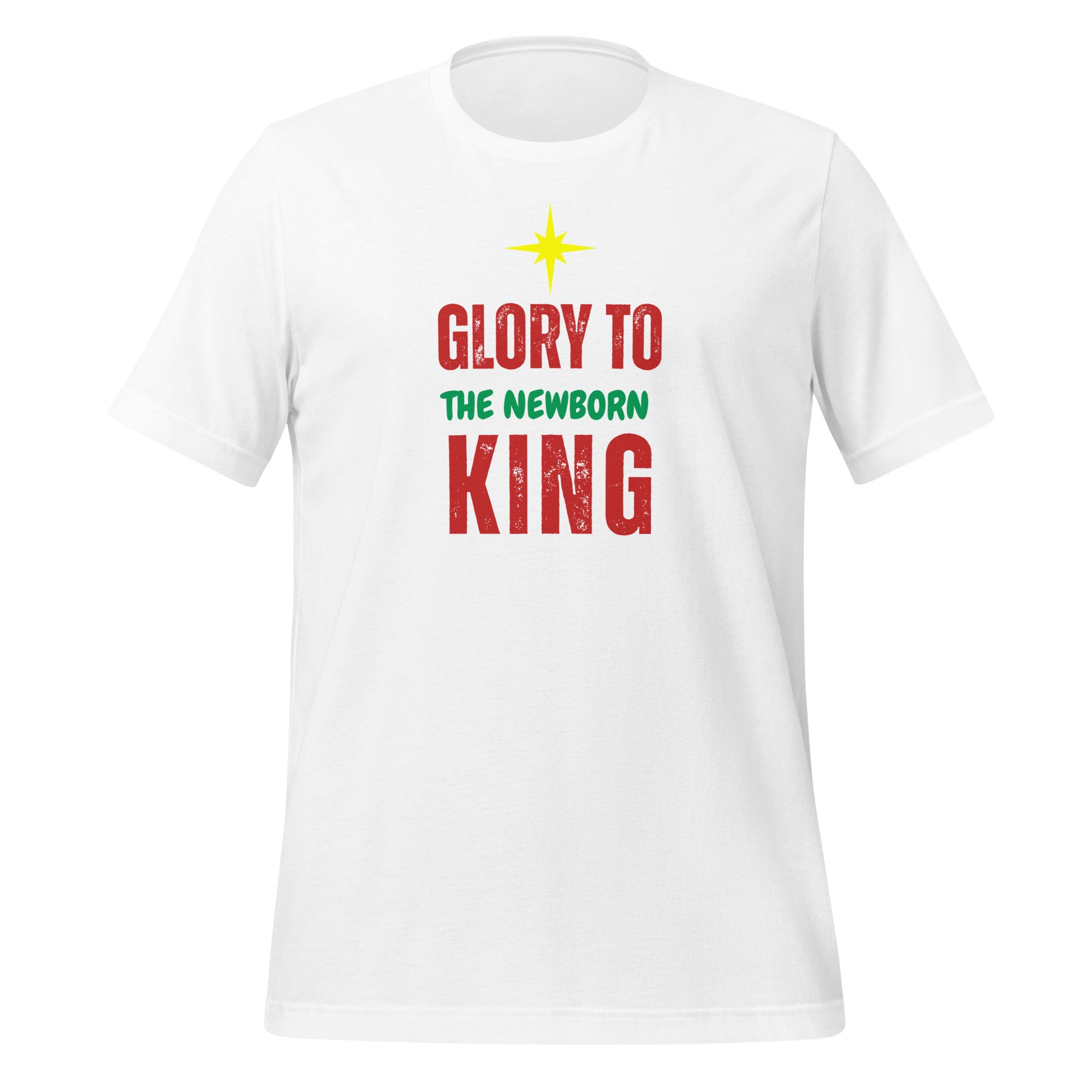 Cranberry and green Glory to the Newborn King Christmas Tee with centered star and Luke 2:14 reference – Christian Christmas shirt by Always Faithful.