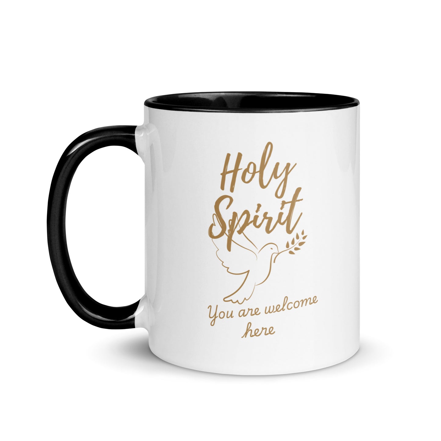 11oz Holy Spirit “You Are Welcome Here” Christian mug featuring dove graphic, white ceramic with black interior and handle – handle left side view