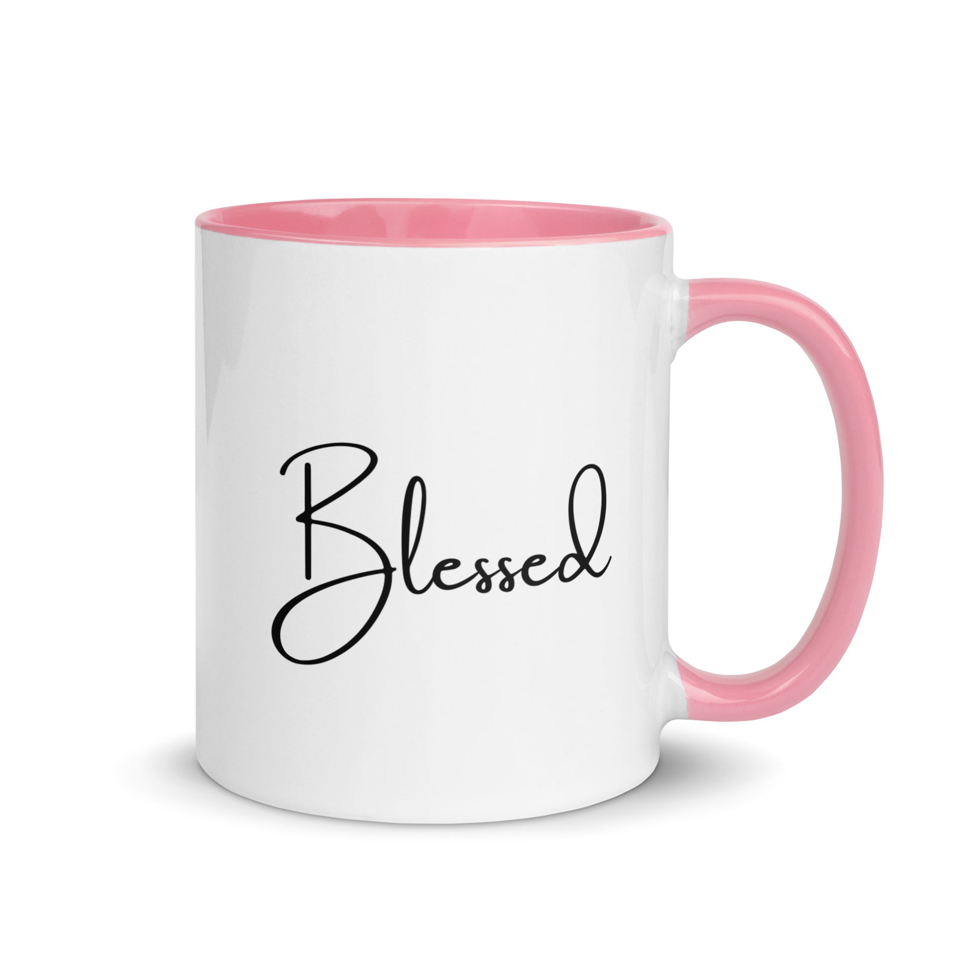 Blessed Mug with handle on right side – white ceramic mug with pink handle and interior, script Blessed design