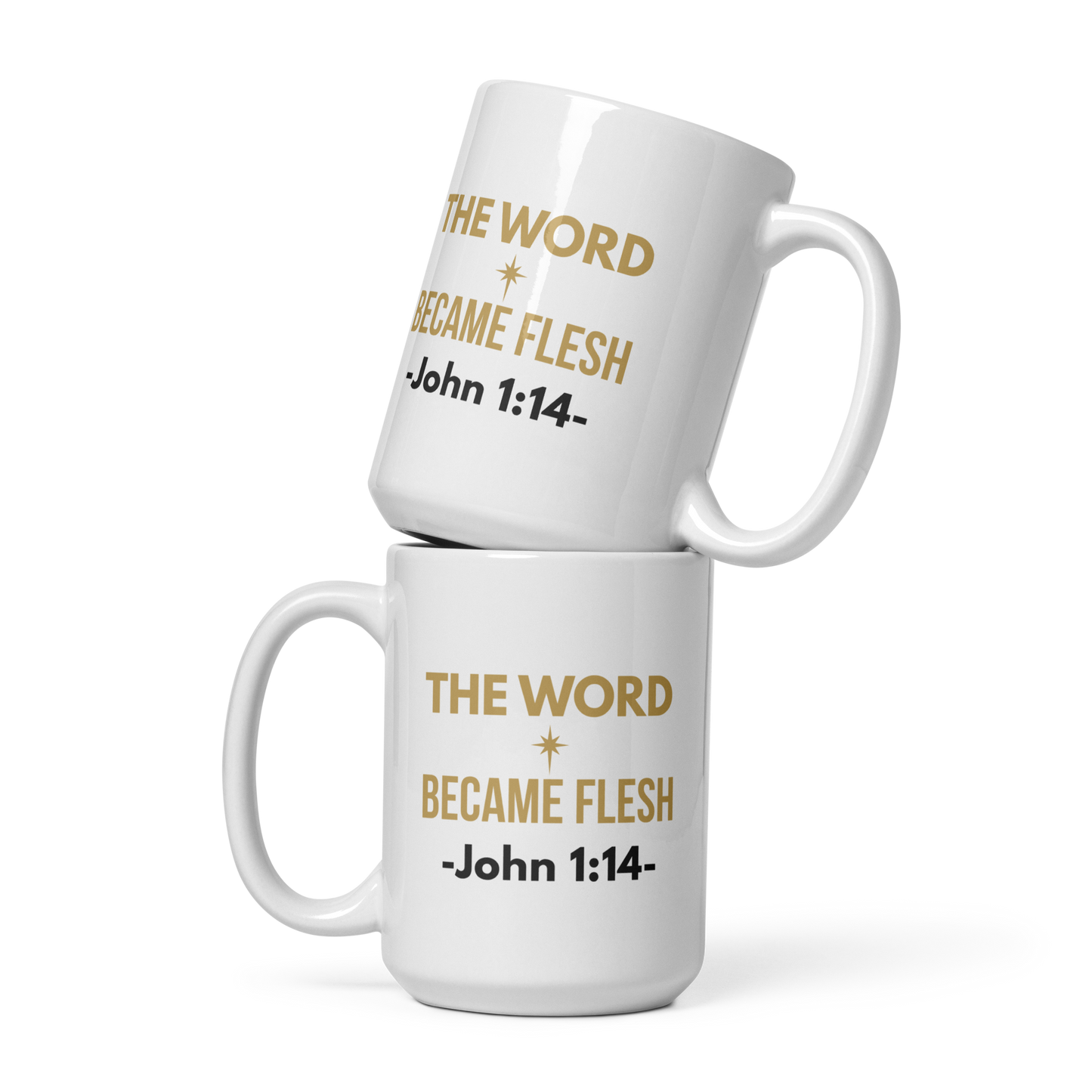 Stacked “The Word Became Flesh” mugs showing both sides of the Christmas Christian design