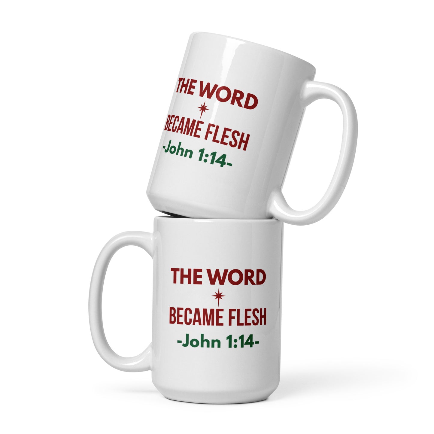 Stacked “The Word Became Flesh” mugs displaying both sides of the design