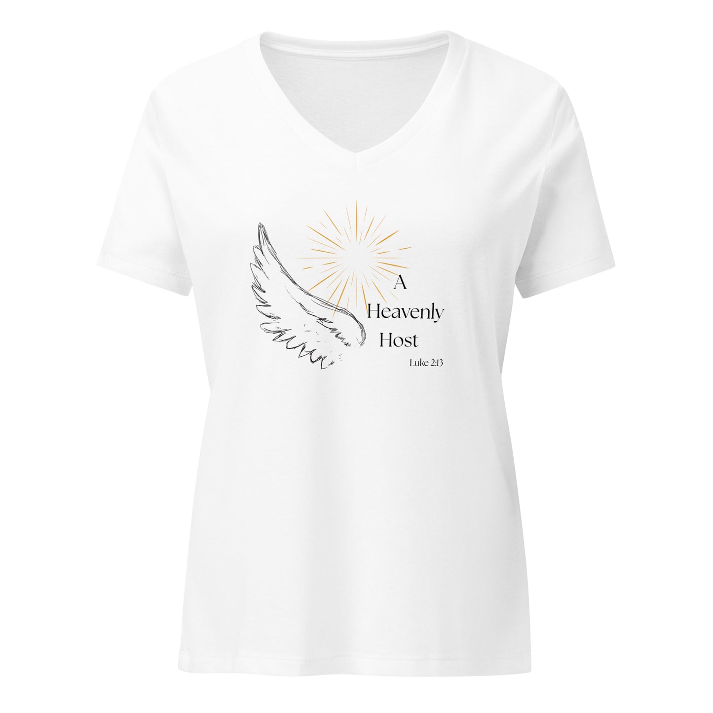 Front view of Heavenly Host white V-neck shirt with angel wing, golden burst, and Luke 2:13 design