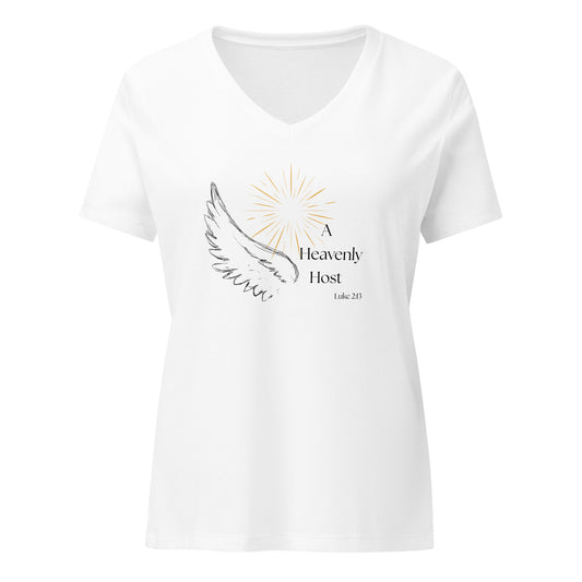 Front view of Heavenly Host white V-neck shirt with angel wing, golden burst, and Luke 2:13 design