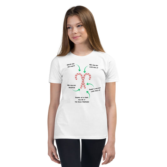 Female youth wearing Candy Cane Meaning shirt during holiday season