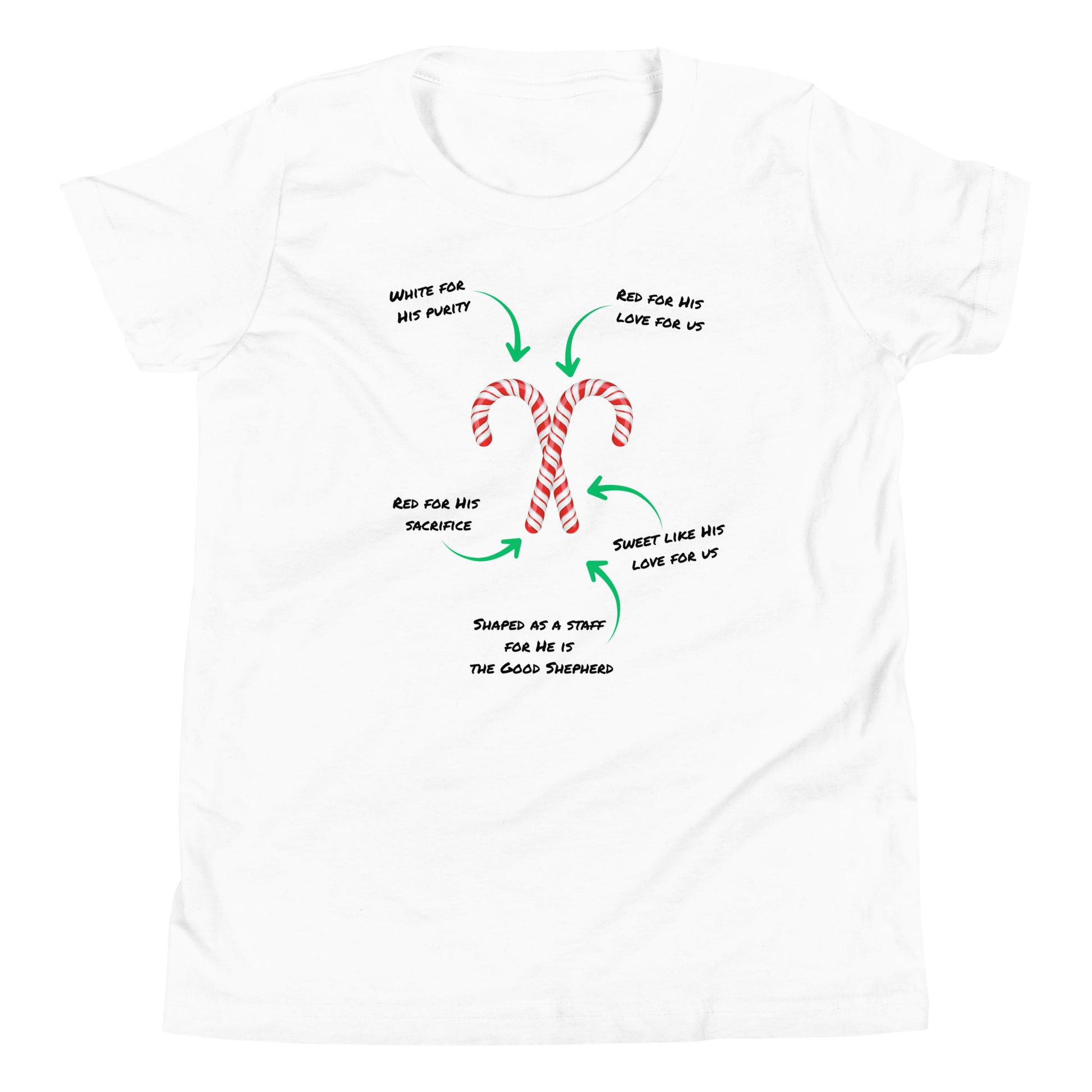 Front view of Candy Cane Meaning Youth Christmas Tee