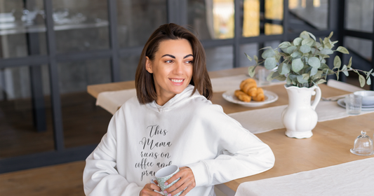 Christian mom lifestyle photo with coffee and hoodie, faith and motherhood blog header image