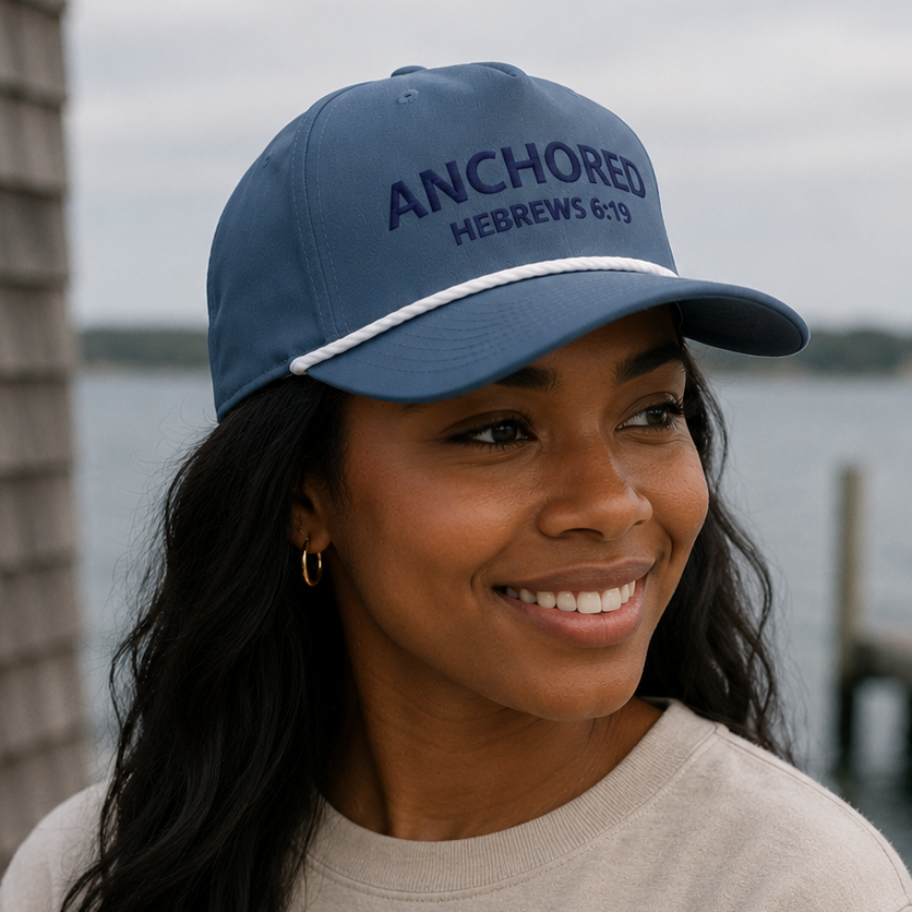 Female lifestyle model wearing Anchored Rope Hat at marina waterfront