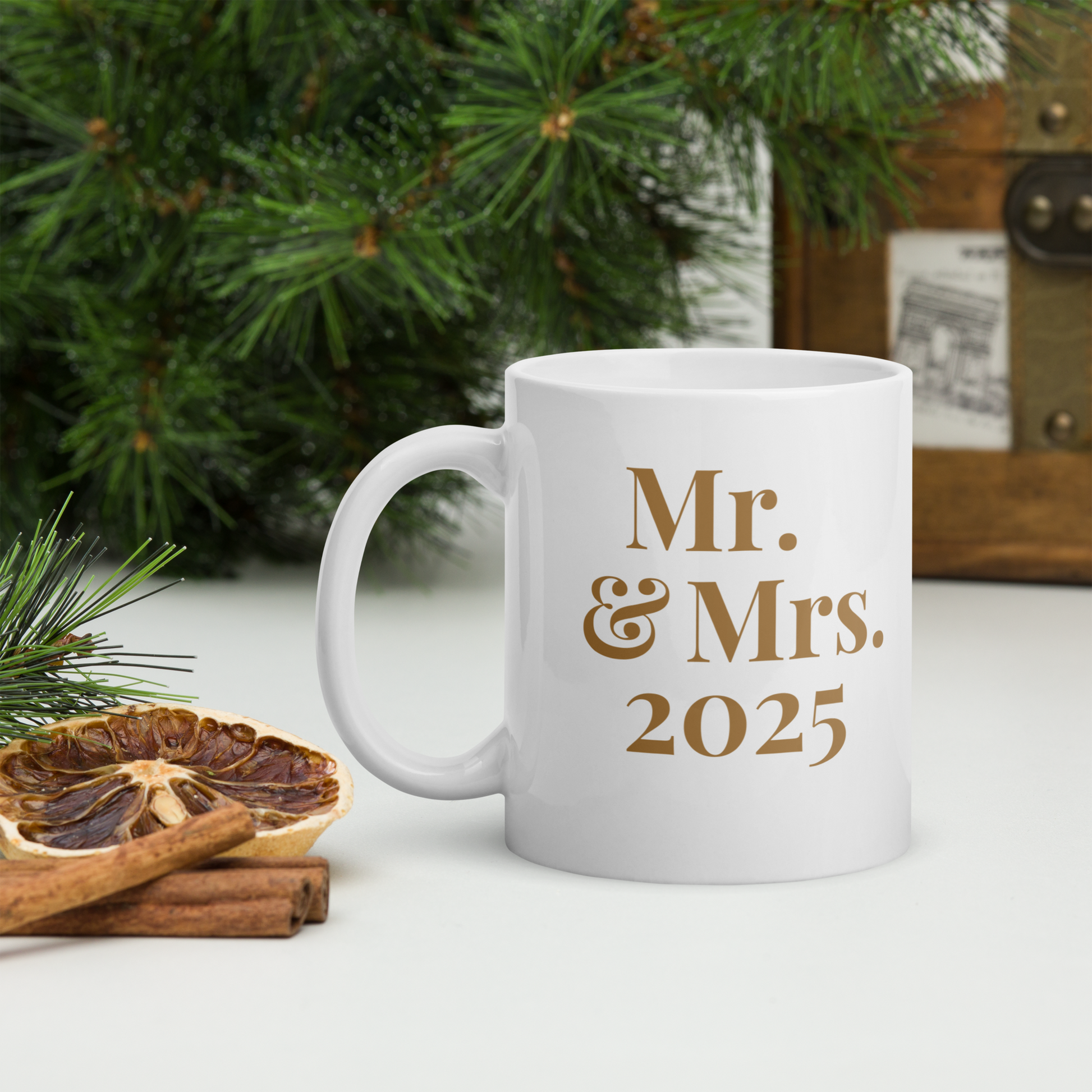 Mr. & Mrs. 2025 mug front view with Christmas background