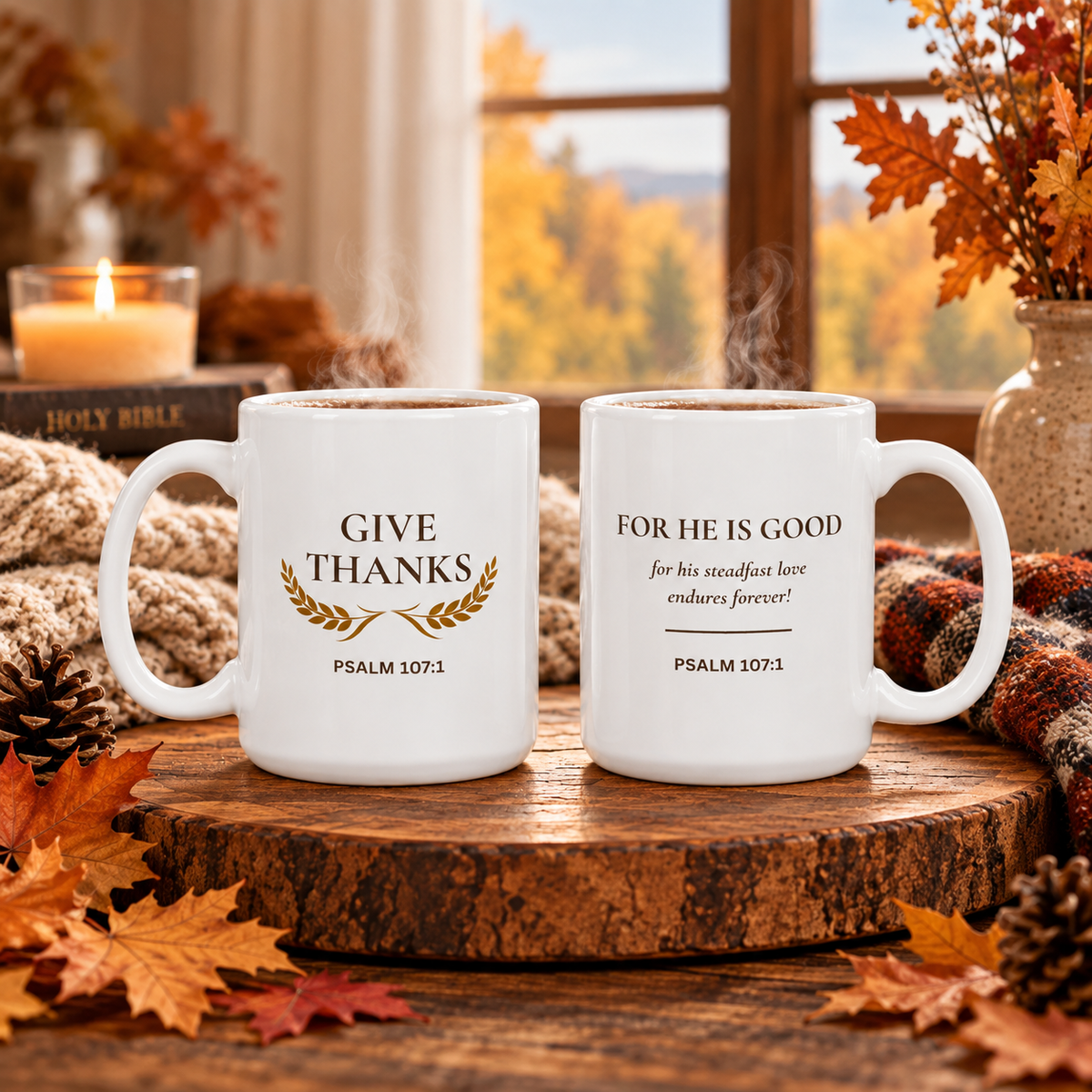 Give Thanks 15 oz Christian mug inspired by Psalm 107:1 showing both sides in an autumn setting