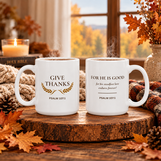 Give Thanks 15 oz Christian mug inspired by Psalm 107:1 showing both sides in an autumn setting