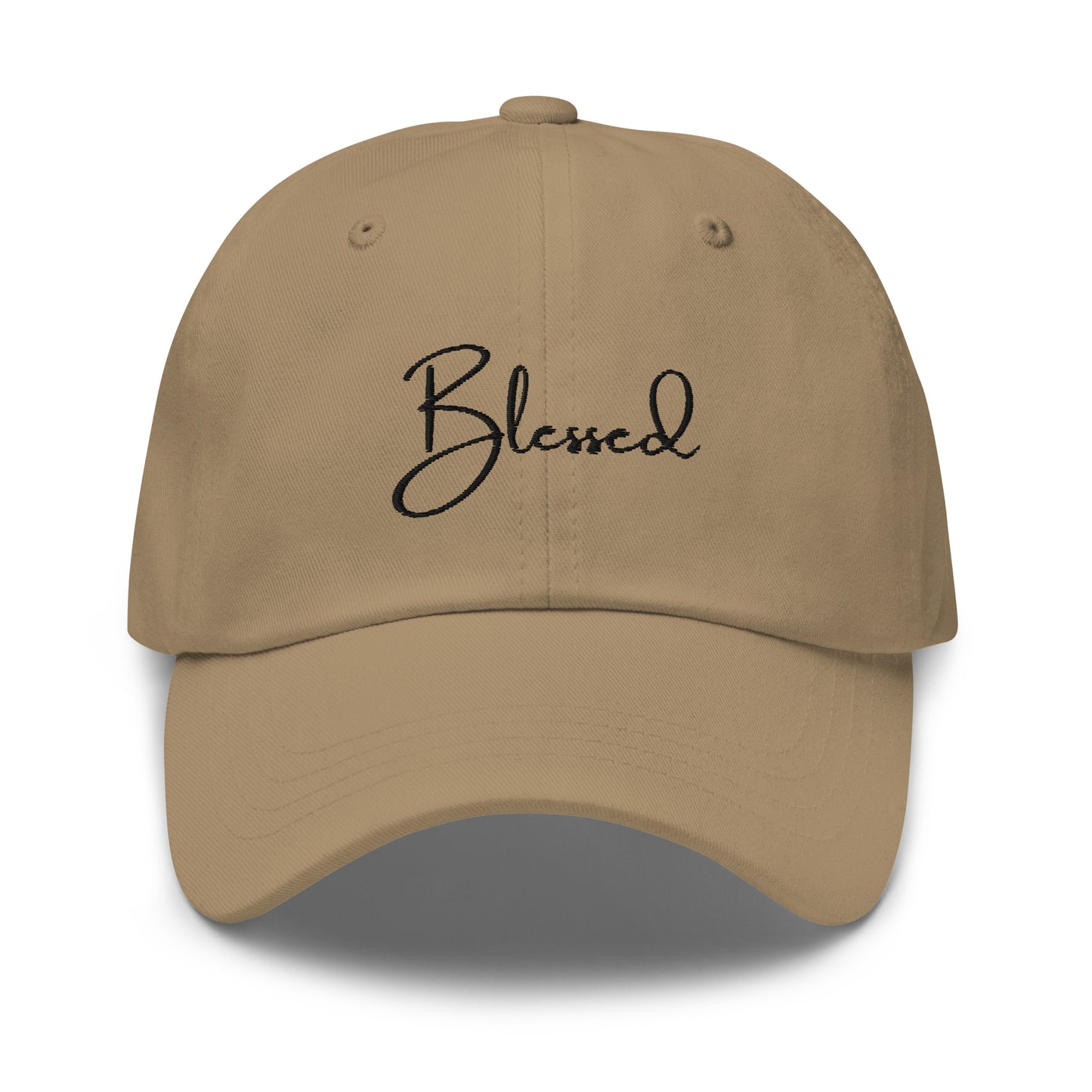 Khaki Blessed Hat front view – embroidered Christian dad hat