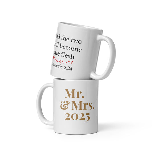 Two mugs stacked showing front and back design with Mr. & Mrs. 2025 and Genesis 2:24