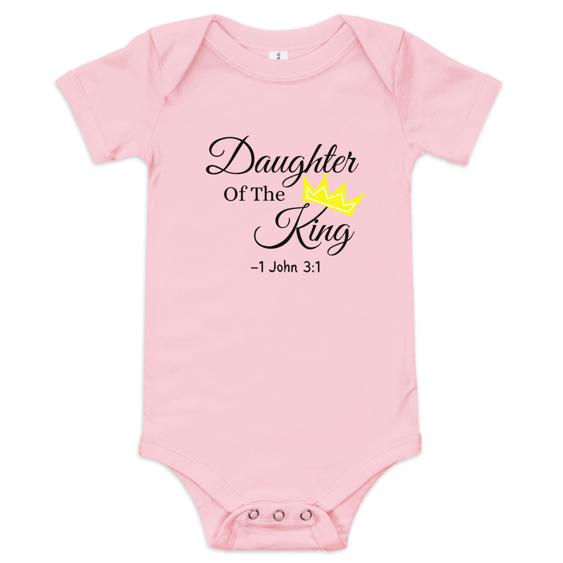 Front view of pink Christian newborn onesie – Daughter of the King design with crown and Bible verse
