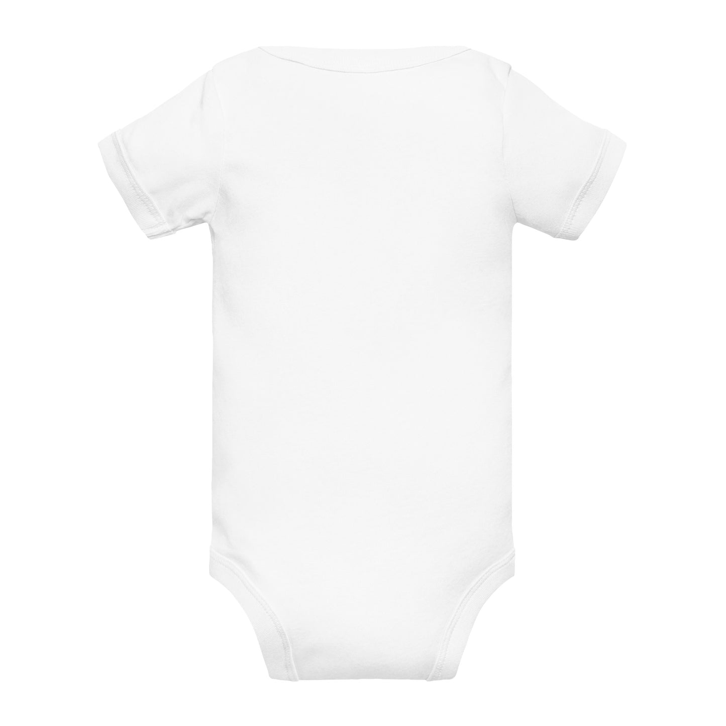 Back view of baby onesie in white with pink text version, showing plain fabric and short sleeves.