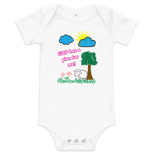 Front view of baby onesie featuring pink text that reads “God Has a Plan for Me!” with cheerful artwork including clouds, sun, tree, and a sheep.