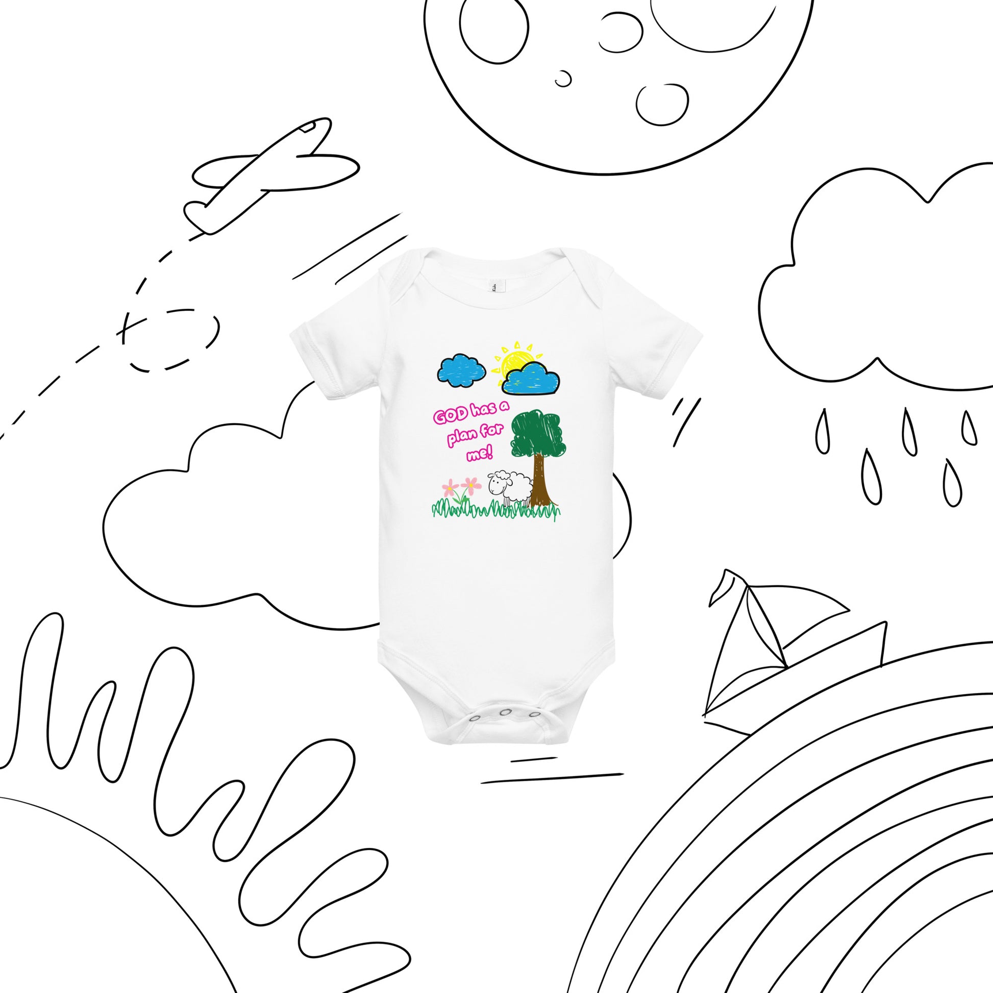 Full front view of baby onesie with pink text “God Has a Plan for Me!” shown against a playful background featuring childlike drawings of clouds, sun, sheep, and trees.