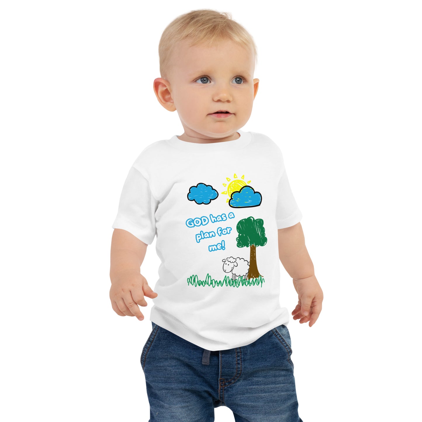 Front view of baby boy wearing white Christian shirt with blue "God Has a Plan for Me" text, paired with blue jeans
