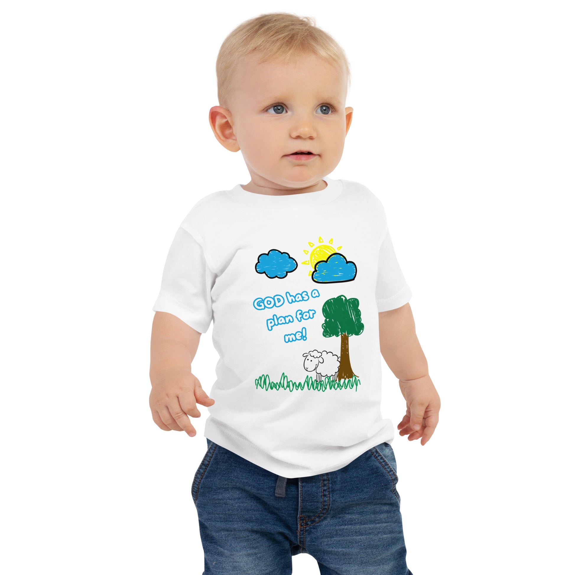 Front view of baby boy wearing white Christian shirt with blue "God Has a Plan for Me" text, paired with blue jeans
