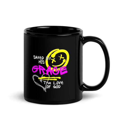 Saved by His Grace Mug – 11 oz Black Graffiti Design