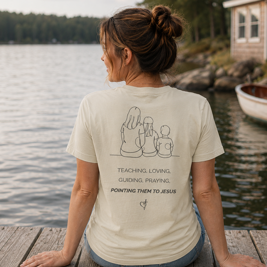 Back view of a woman wearing the Discipleship Starts Here Tee in Dyed Stone featuring a mother and children illustration with the message Teaching, Loving, Guiding, Praying, Pointing Them to Jesus.