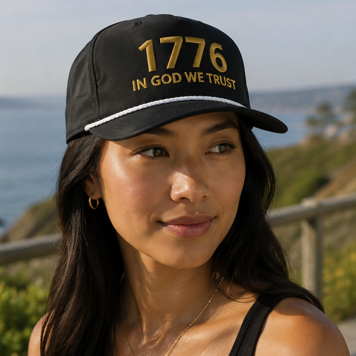 Woman wearing black and gold 1776 In God We Trust rope hat overlooking the shoreline